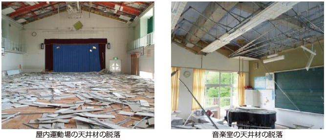 非構造部材の被害事例：屋内運動場の天井材の脱落、他