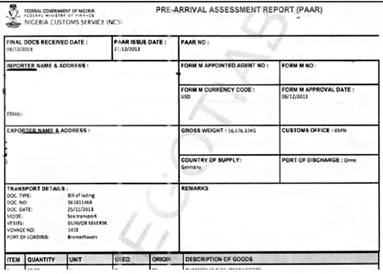 検査手続き4:Pre-Arrival Assessment Report(PAAR)のサンプル画像