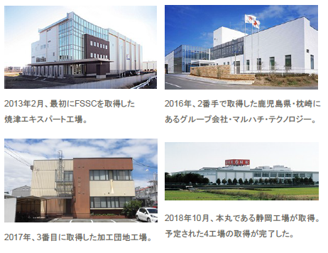 2013年2月、最初にFSSCを取得した焼津エキスパート工場。 2016年、2番手で取得した鹿児島県・枕崎にあるグループ会社・マルハチ・テクノロジー。 2017年、3番目に取得した加工団地工場。 2018年10月、本丸である静岡工場が取得。予定された4工場の取得が完了した。